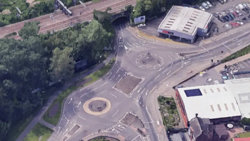 Aerial view of the Northampton Road roundabout, coming to the driving sim