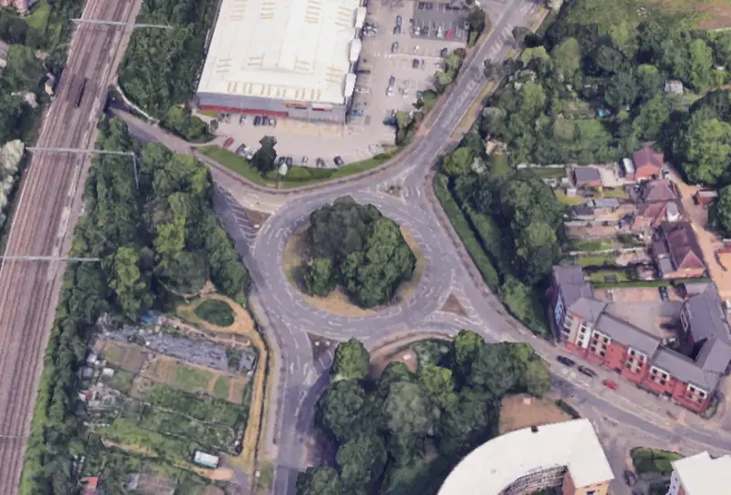 Aerial view of the Rothwell Road roundabout, coming to the driving sim